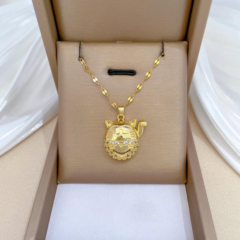 Lucky Cat Light Luxury Temperament Gorgeous Full Diamond Necklace Female Versatile Clavicle Chain Titanium Steel Chain