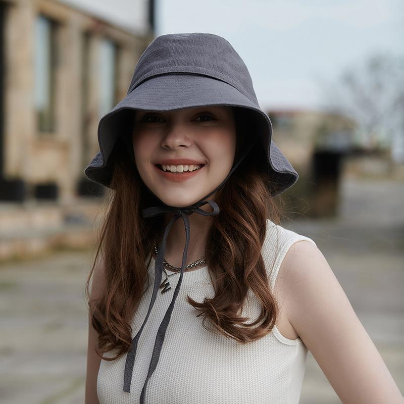 Spring and summer casual sunshade lace-up girls round face wide brim dome basin hat fashionable big head circumference showing face small sunshade hat