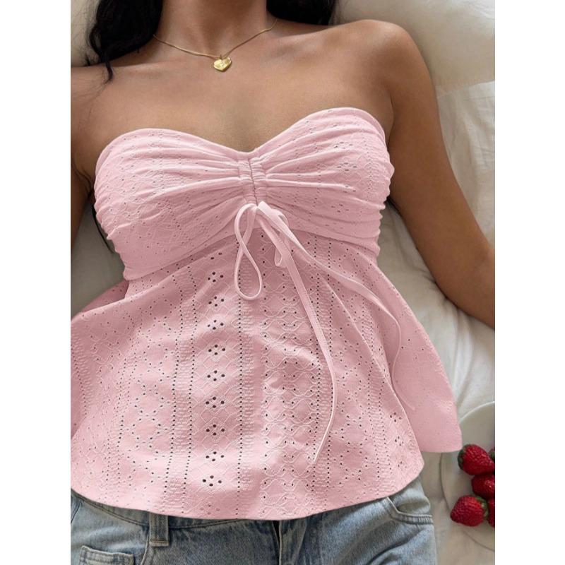 2026 Summer Hollow Out Women Tube Top New Sweet Lace-up Strapless Blouse Slim Fit Loose Sleeveless Top Solid Color Simple A-line Backless Sexy Shirts