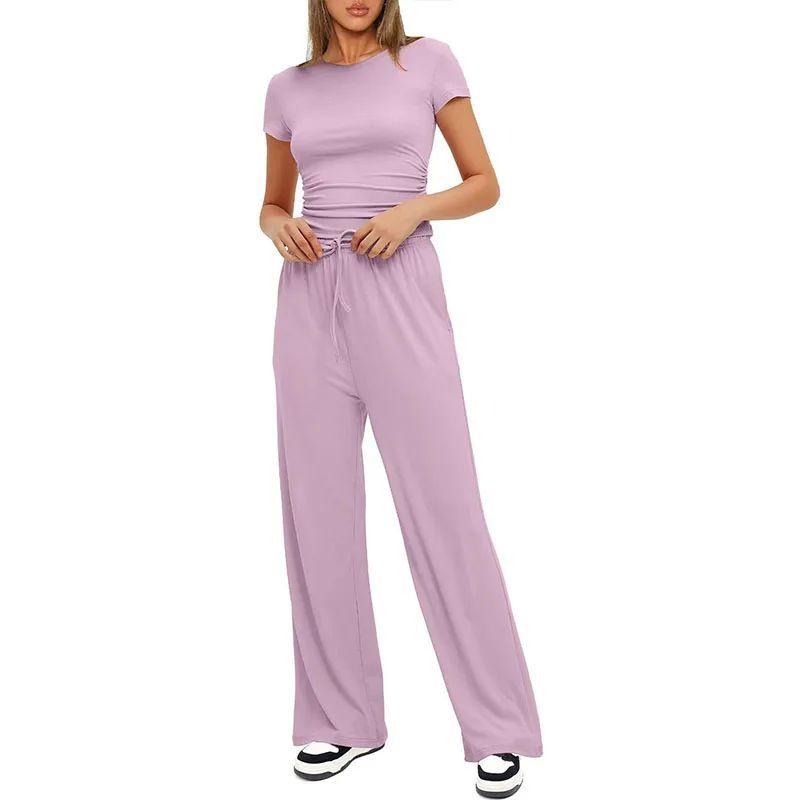

round Neck T-shirt Wide Leg Pants Set Crew Neck T-shirt High Waist Loose Pants Suit 8207-Pink M