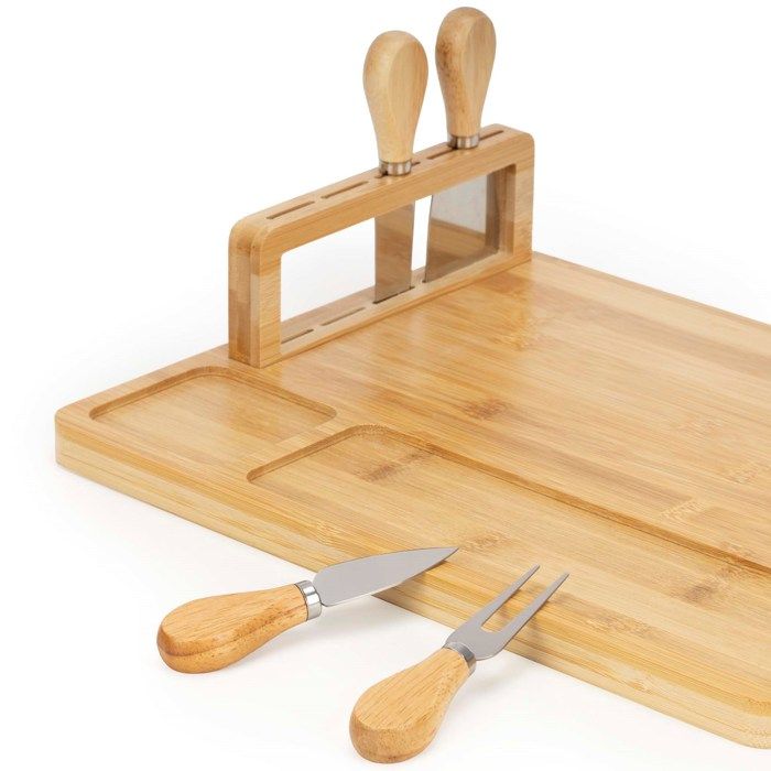 35x28 Cm Bamboo Cheese Board with Knives and Fork Plate for Serving Snacks and Charcuterie