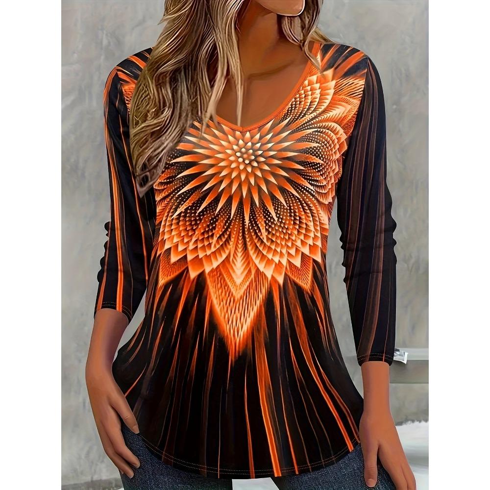 

Gradient Geometric Print V-neck T-shirt, Casual Long Sleeved Top, Suitable for Spring and Autumn S