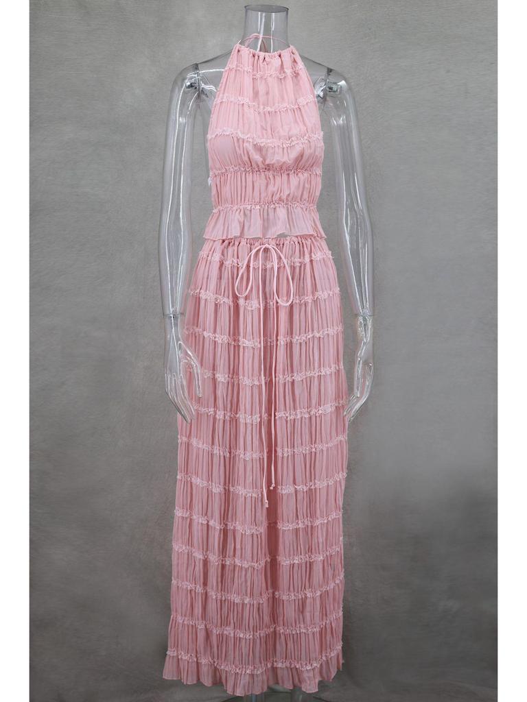 2024 Spring/Summer European & American Fashion Backless Halter Lace Ruffle Maxi Dress Set