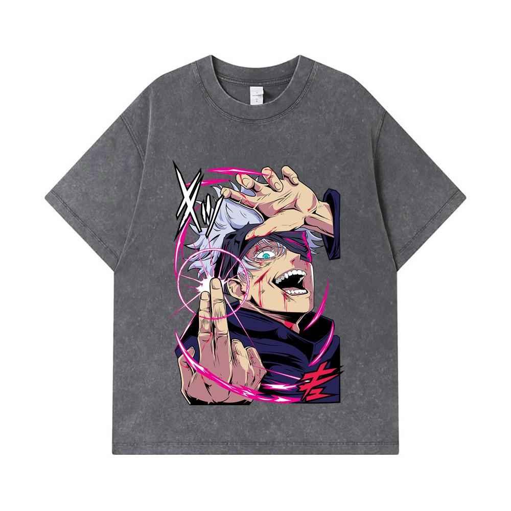 275 GSM Washed T-shirts 100% Cotton Jujutsu Kaisen V19 Gojo Print Unisex Heavy Cotton T Shirt