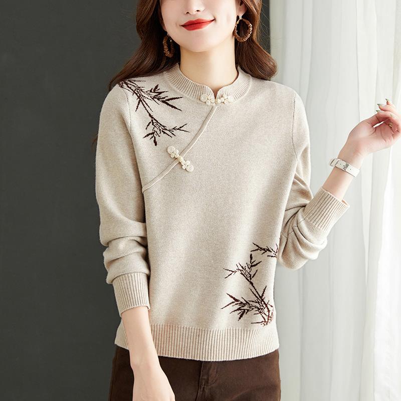 

Новый красный свитер в китайском стиле для женщин, новый осенне-зимний, в китайском стиле, с пуговицами-складками для Нового года Дракона 3XL бежевый