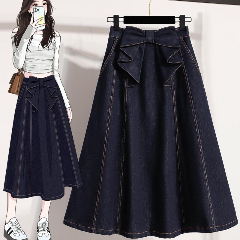 

DIMANAF 2026 Summer Plus Size Women Skirts Elastic Waist Oversize Fashion Lady Long Skirts Denim Jeans Cotton Solid Blue Bow 5XL темно-синього кольору