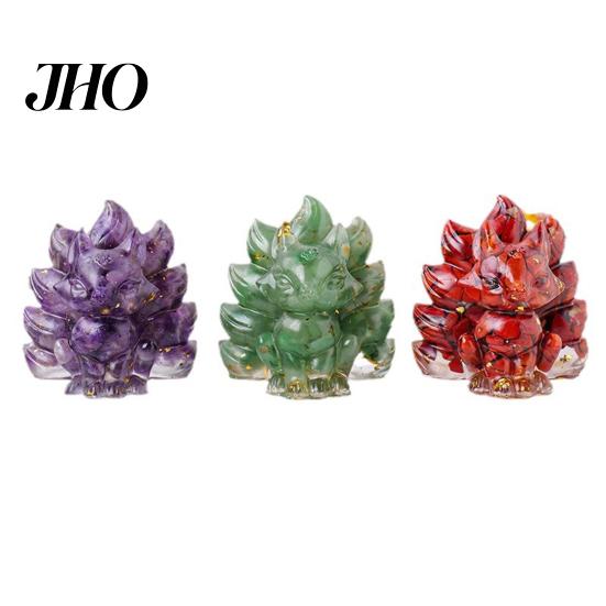 Desktop Fox Figurine Natural Stone Nine-tailed Foxes Positive Healing Energy Hand-carved Colorful Faux Ornament Crystal Sitting Animal Statue