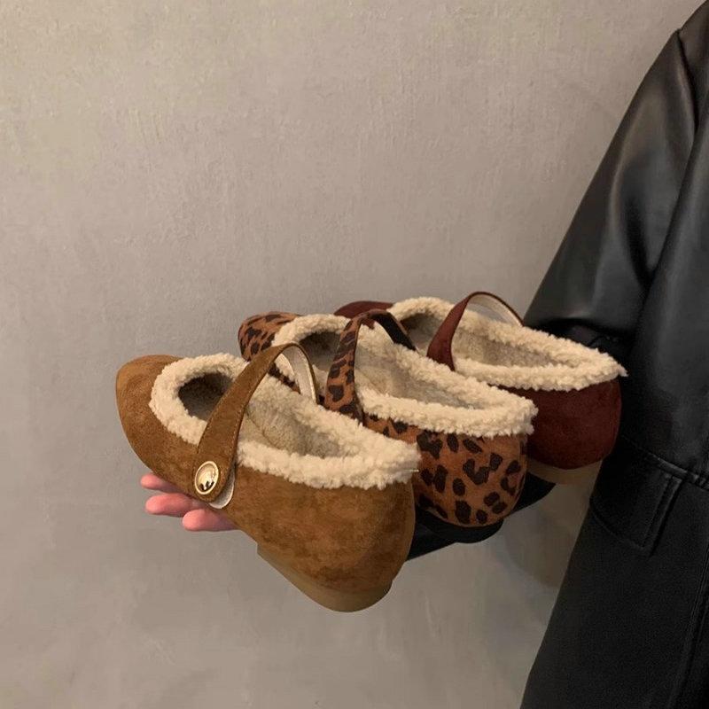 Fashion Flats Shoe for Women's New Autumn and Winter French Velvet Leopard Print Shallow Mouth Retro Flat Mary Jane Shoes Ladies