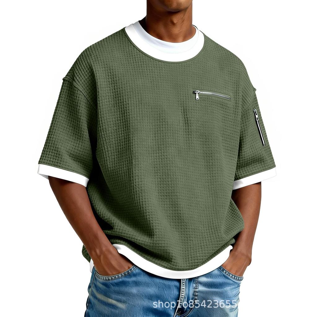 Simple Waffle-patterned Faux Two-piece Casual Short-sleeve T-shirt, Solid Color, New Men's Fashion, Color-blocking Top