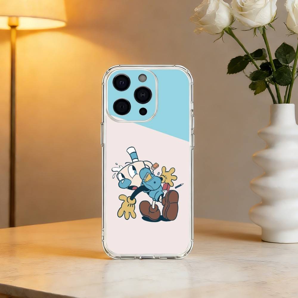 Cute CupHead And MugMan Phone Case For iPhone 17 16 15 14 13 12 11 Mini Pro Max Plus Transparent Cover