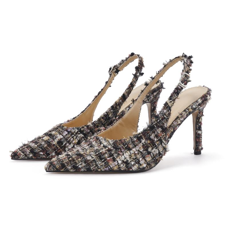 New Designer Costume Tweed High Heels Women Sexy Pointed Toe Back Strap Heeled Sandals Summer Elegant Party Wedding Women Pumps