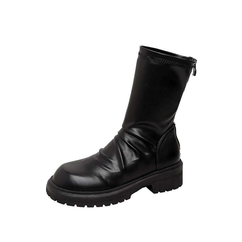 Cowhide Model of the Same Style, Thick Heel, Thick Sole, Thin Boots, Round Head, Folded Back Zipper, Stacked Short Boots, Women's Genuine Leather.