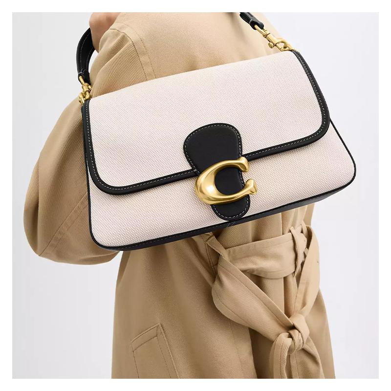 Coach Tabby 26 hardware dorato chiusura a scatto tela e pelle conciata al cromo borsa a mano tracolla a spalla grande da donna ottone e nero