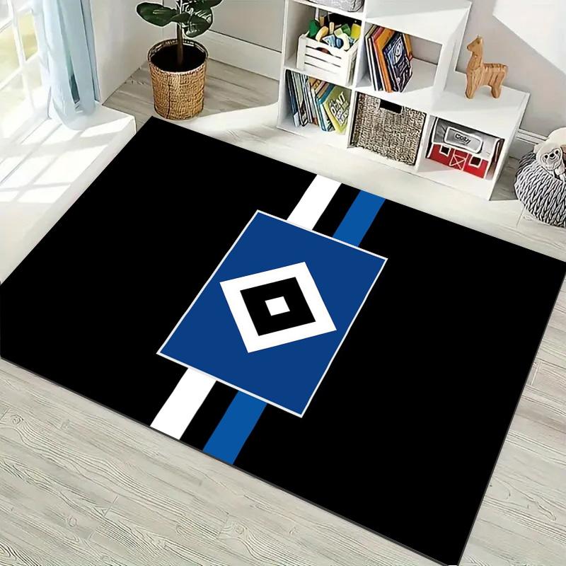 Black Blue White Stripe Club Badge Print Area Rug, Sports Fan Non‑Slip Floor Mat for Living Room Bedroom Home Decor