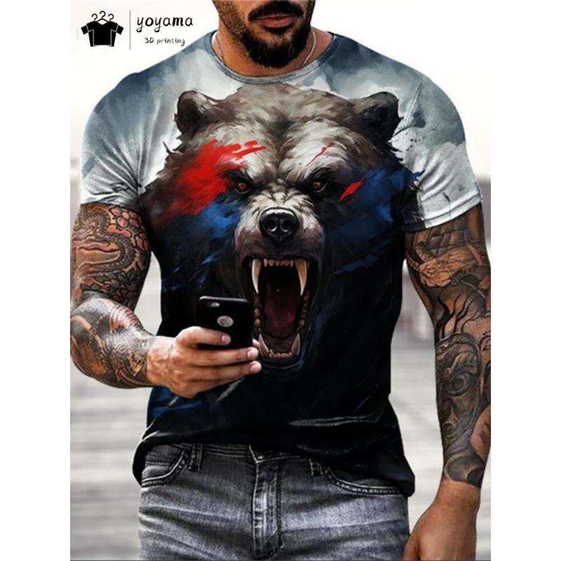 Hip Hop 3D Bear Print Men's Short Sleeve Summer Party Men's T-Shirt Vintage Round Neck Men's Top Casual Oversized Men's Clothing