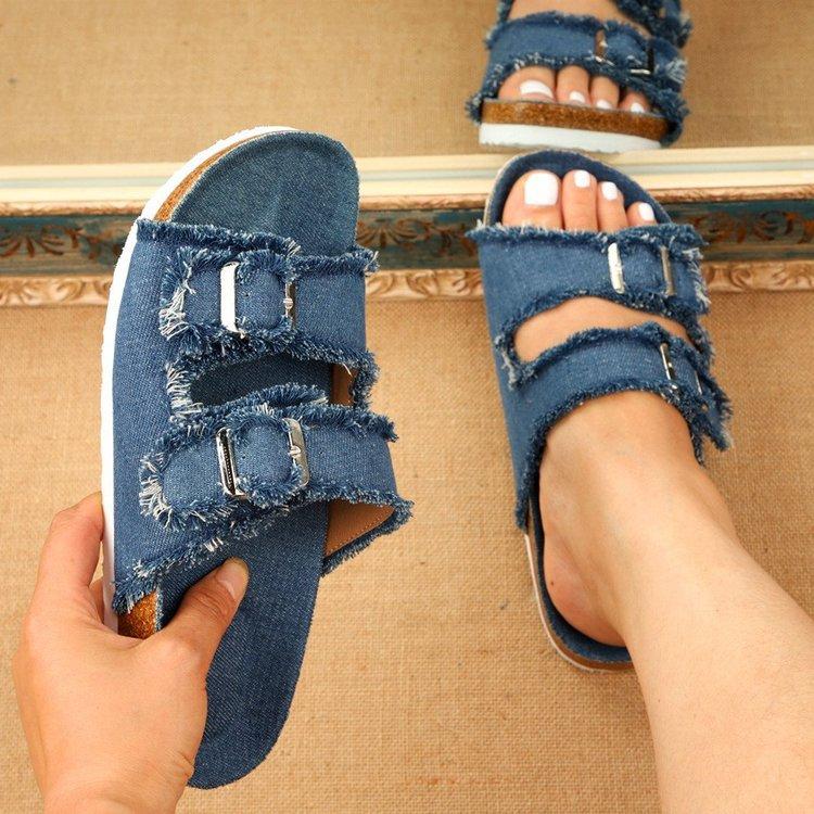 

Women s Cork Sandals with Two Buckles Straps Slides Arch Support Summer Denim Slippers Comfortable Beach Flat Dressy Slip On Walking Shoes for Women 43 джинсовий синього кольору