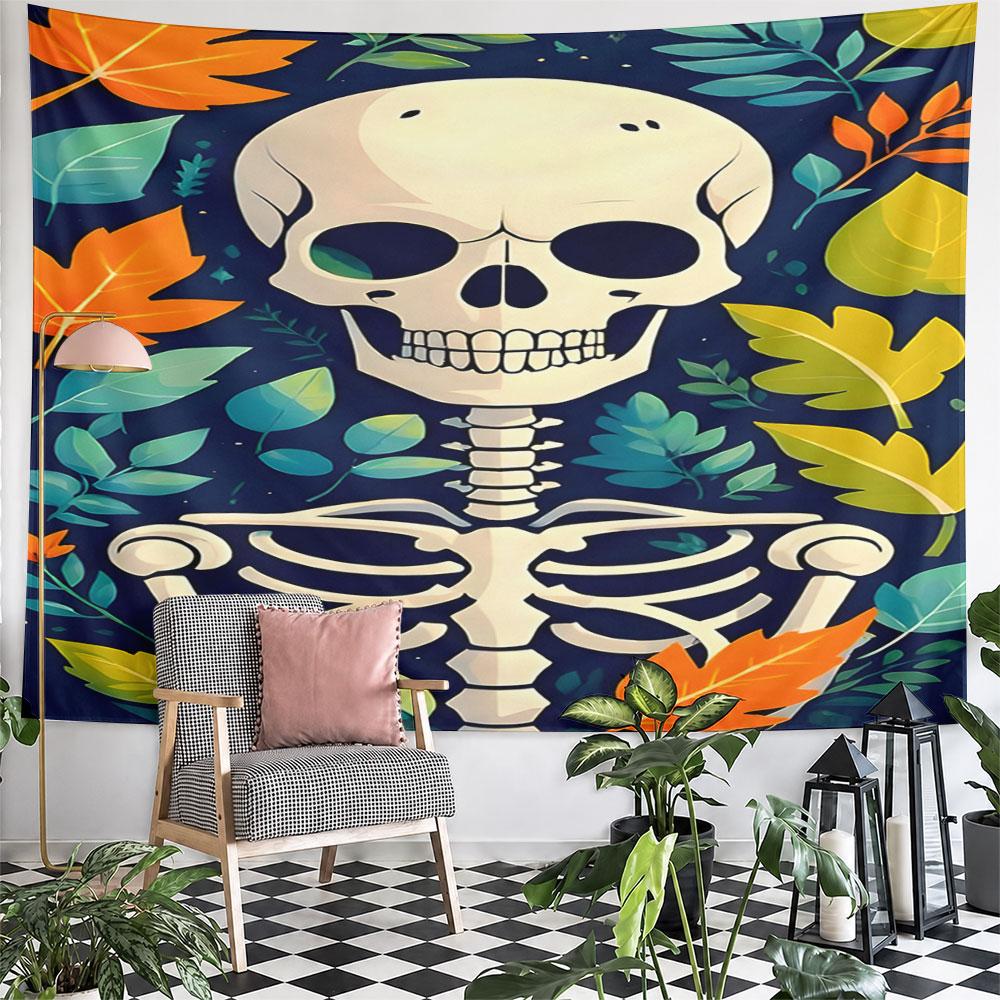Autumn Skeleton with Colorful Leaves Pattern Wall Hanging Tapestry Decorative Tapestry Home Decor for Bedroom and Living Room