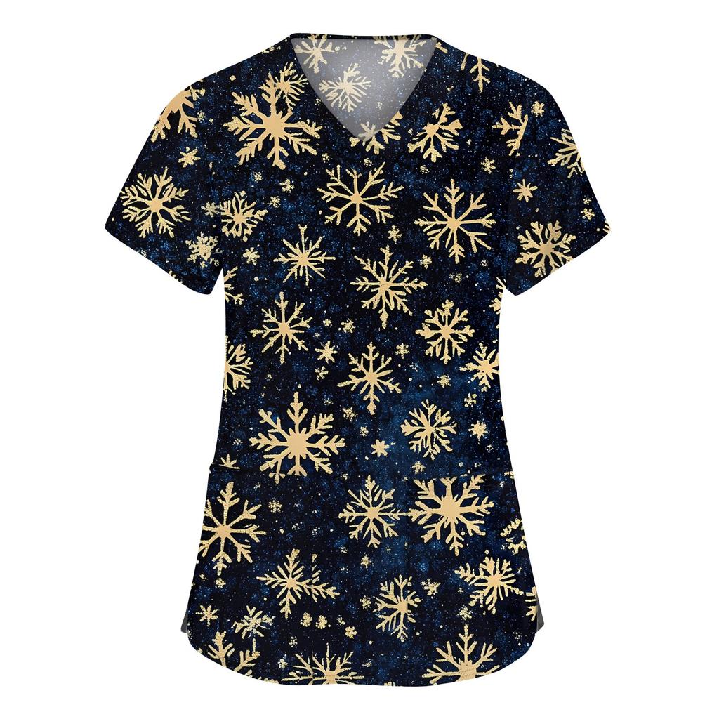 Women's Fashion V-neck Short Sleeve Workwear With Pockets Christmas Printed Tops