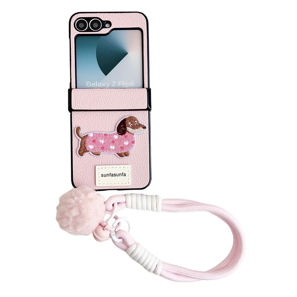 For Samsung Galaxy Z Flip6 5G Case Cute Dog Hinge Protection Litchi Texture Phone Cover with Wrist Strap