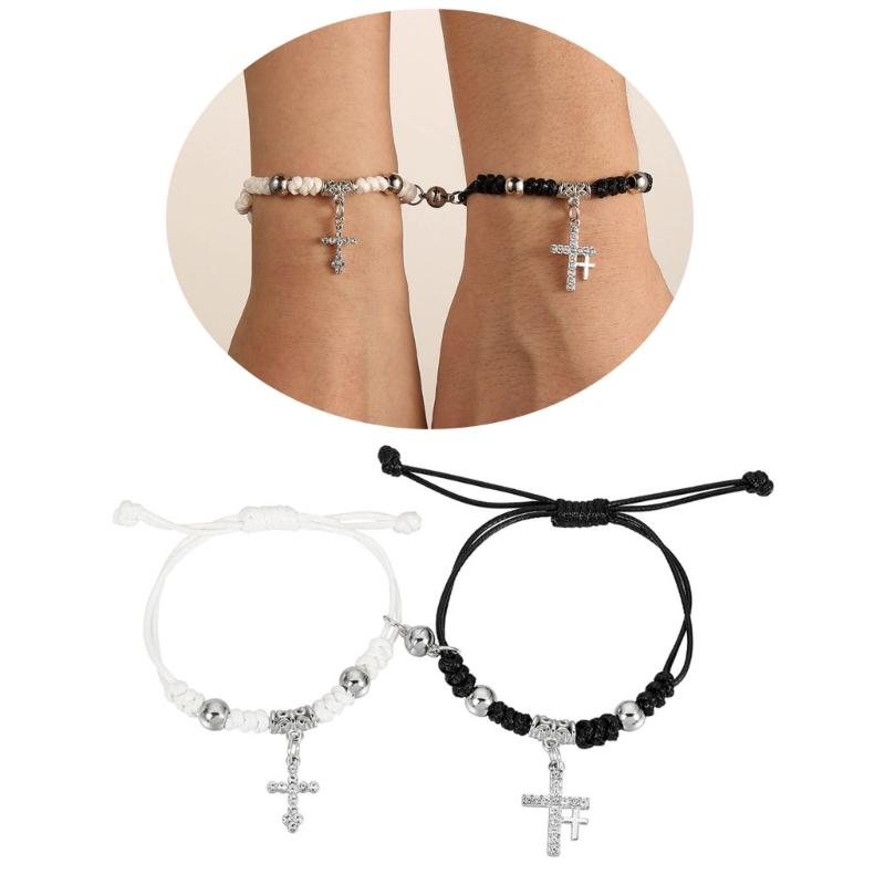 1Pair Vintage Rhinestone Cross Bracelets Adjustable Braided Bracelet Couples Friendship Bangle Women Men Charm Jewelry