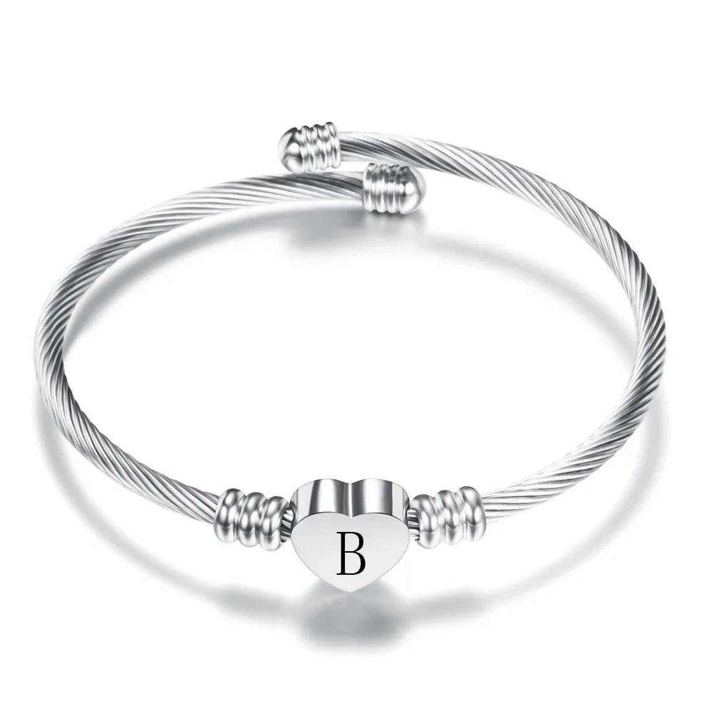 Stainless Steel Initial Bangle For Women 26 Letter Heart Charm Bracelet Female Fashion Birthday Party Waterproof Jewelry