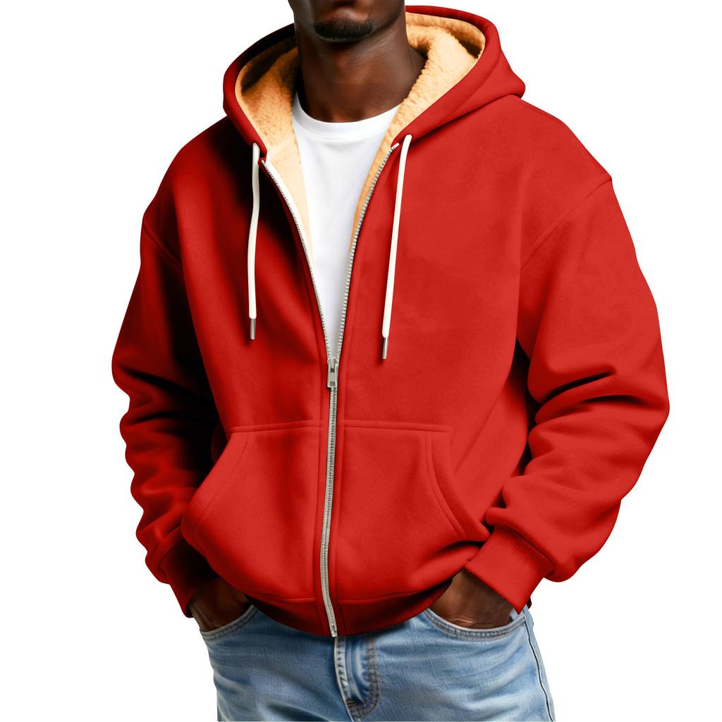 Men's Solid Color Fleece-Lined Zip-Up Pocket Hooded Sweatshirt Cardigan Men's Casual Sweatshirt Cardigan