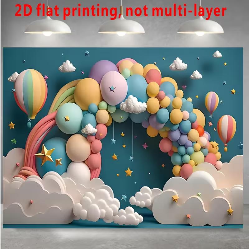 2D Dreamy Balloon Background, Pastel Balloon Arch & Clouds Themed Party Backdrop