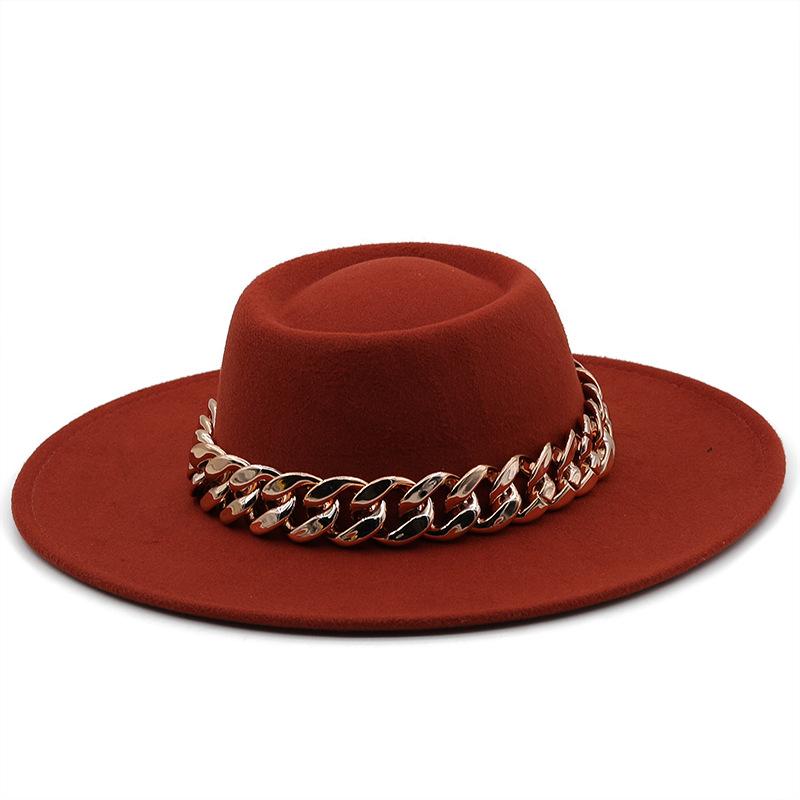 New retro ethnic style. Eaves wool woolen felt hat concave and convex top men's and women's top hats, big eaves thick gold chain hat