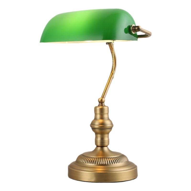 Retro American Green Glass Bedside Lamp, Antique Bronze Desk Lamp for Office or Bedroom Decor
