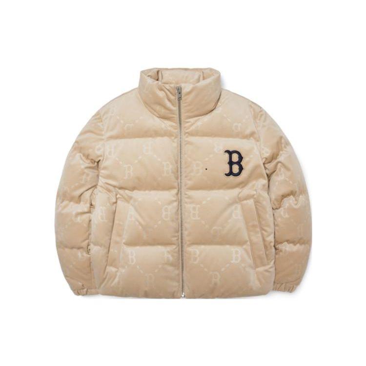 MLB FW22 Logo All Over Print Label Stand Collar Goose Down Zipper Long Sleeve Puffer Jacket Short Women Outerwear Beige 3FDJM0226-43BGS
