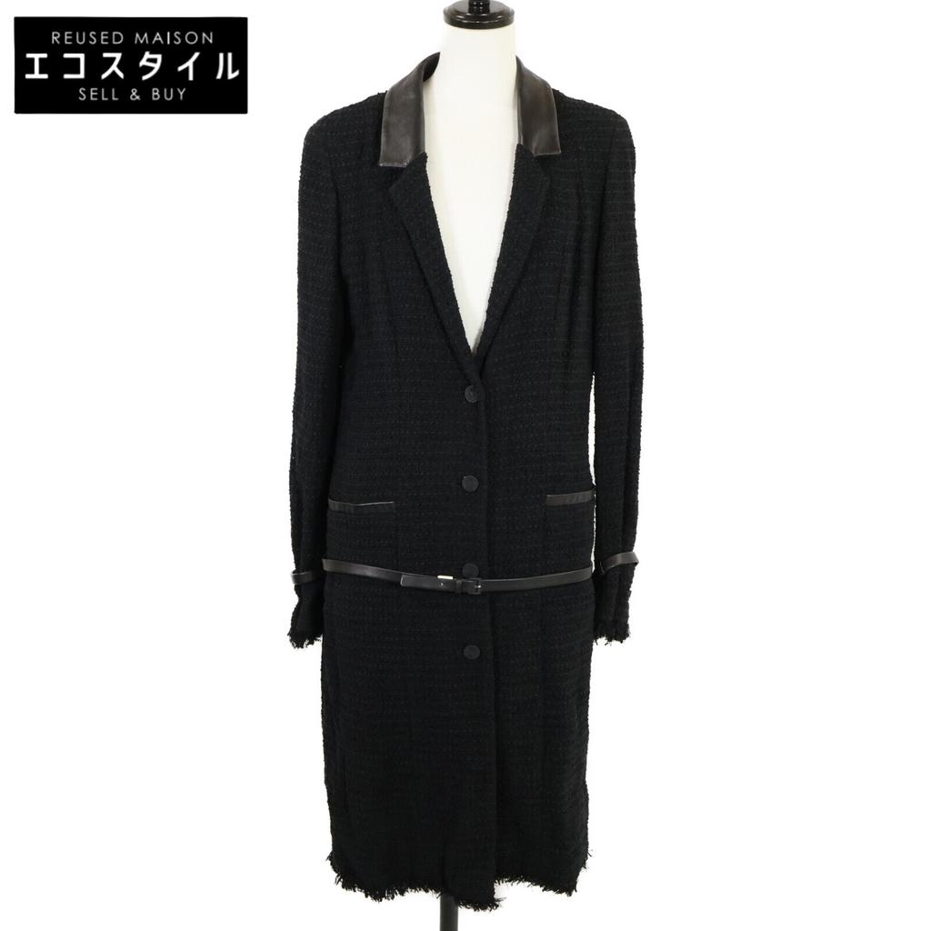 CHANEL [Good condition/domestic regular] 04A P23818V14065 Leather collar with belt Tweed coat 38 blackUsed