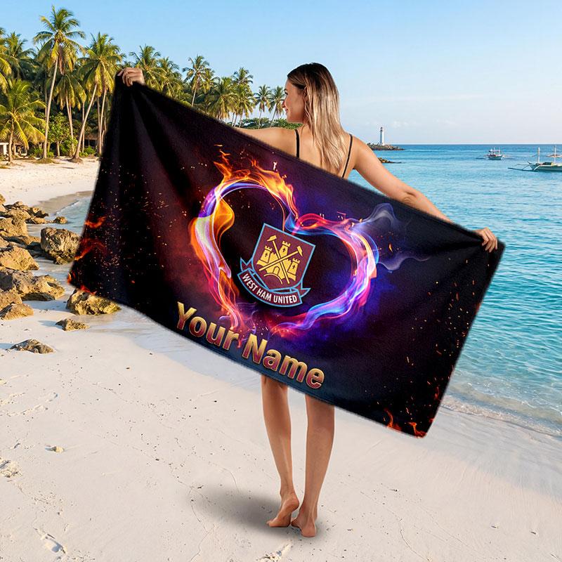 West Ham United Football Custom Beach Towel, Personalized Name Text Print, Football Logo Soft Quick‑Dry Towel Holiday Gift