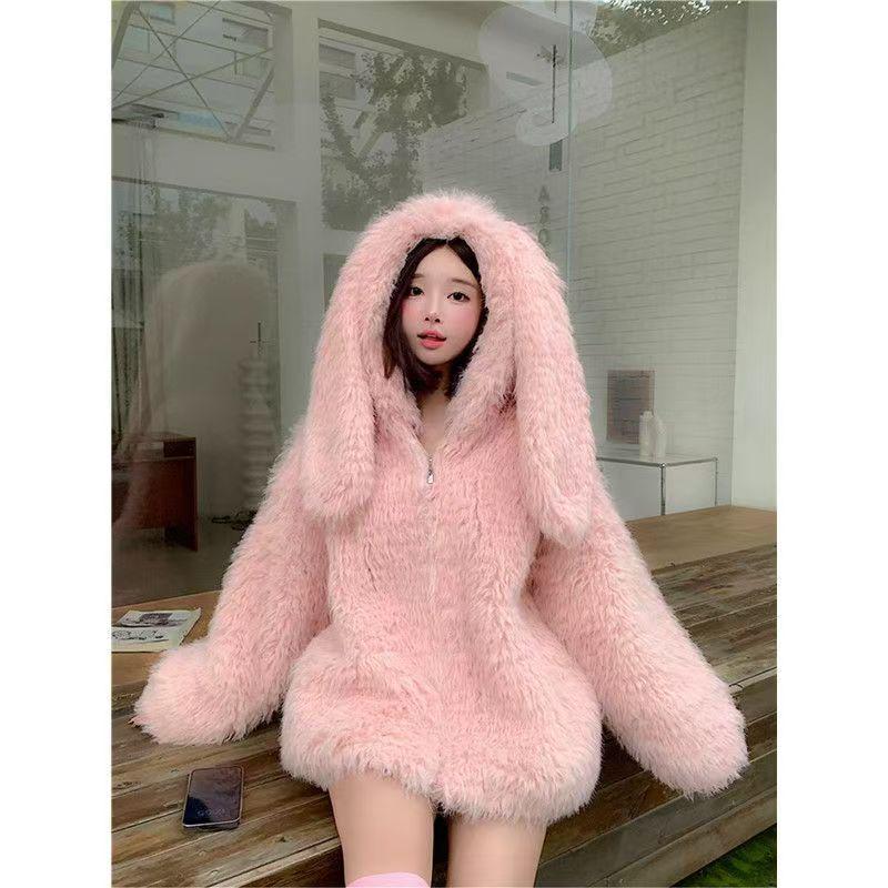 2025 Fall/Winter Women s Hooded Faux Lambswool Coat with Rabbit Ears S