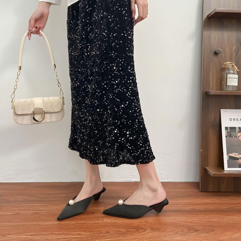 Pointed Single Shoes 2025 New French Bag Head Sandals Thick Heel Triangular Heel Empty High Heels Not Tired Feet Women's Shoes