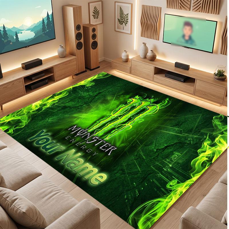 Tappeto in Cristallo Vellutato Personalizzato Monster Energy, Tappeto Morbido Antiscivolo con Testo Nome Personalizzato per Soggiorno Camera da Letto