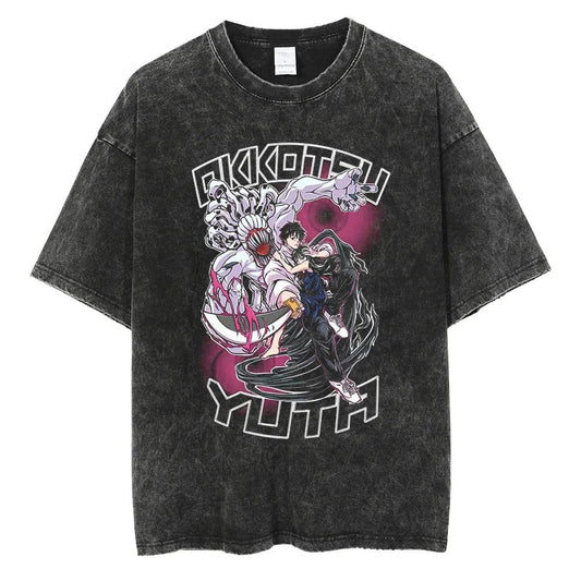 Parentchild Fashion Anime Comfortable Tshirt Jujutsu Kaisen Washed Tee Vintage Oversized Anime Graphic Men Casual Tops