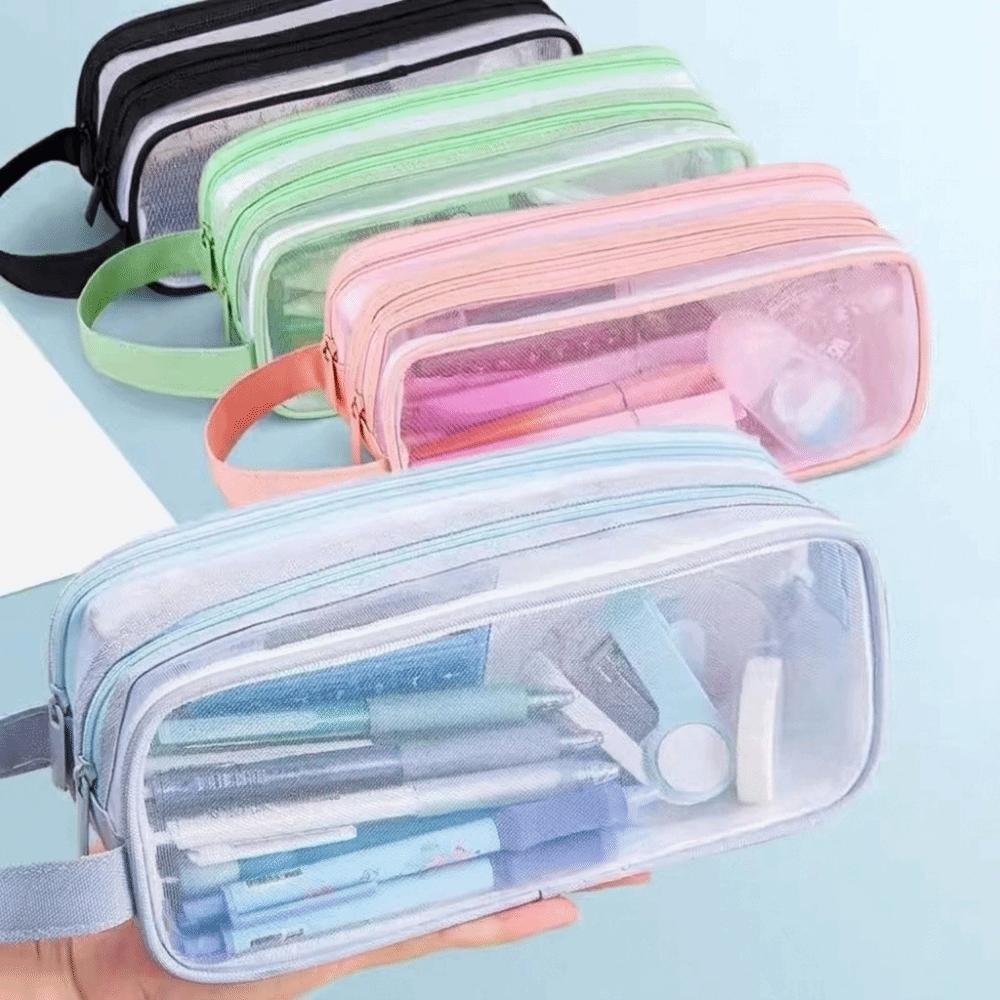 Large Grid Mesh Pencil Case Two Compartment Marker Pouch Stationery Organizer Multi-Color Zipper Closure Pencil Bag