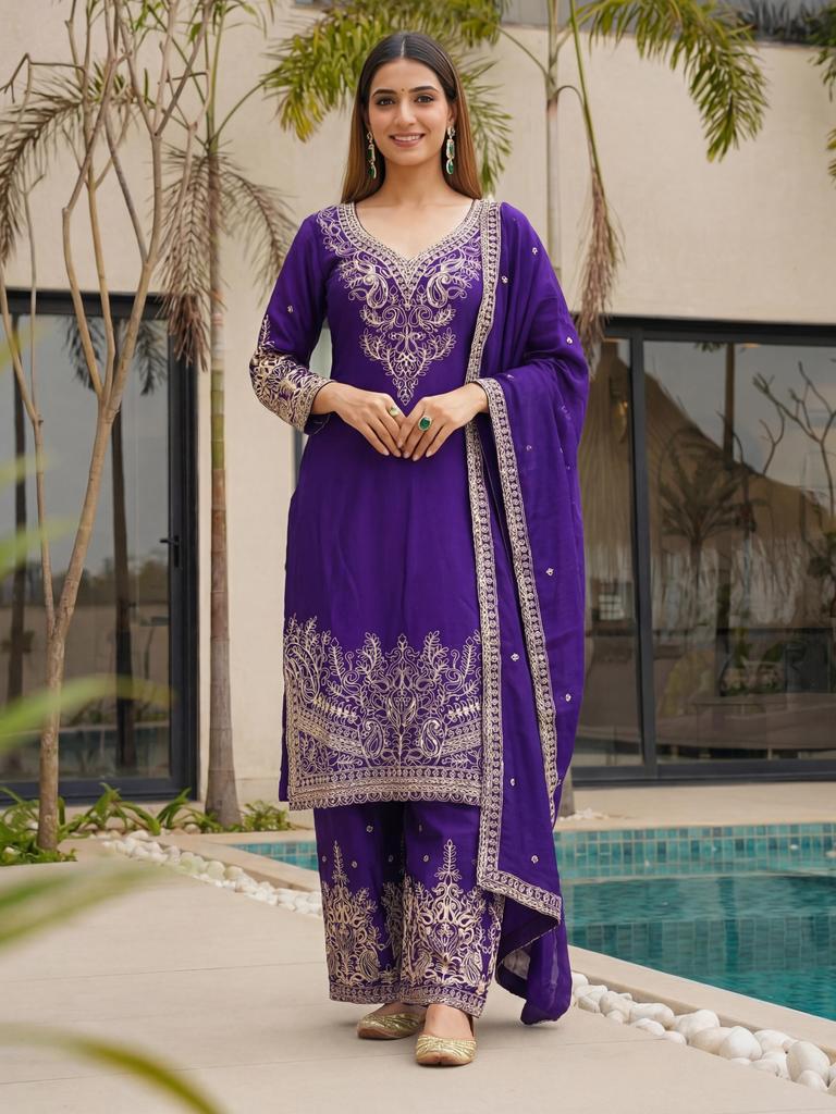 Women Designer Chinon Silk Sharara Salwar Suit Indian Bollywood Salwar Kameez Palazzo Set