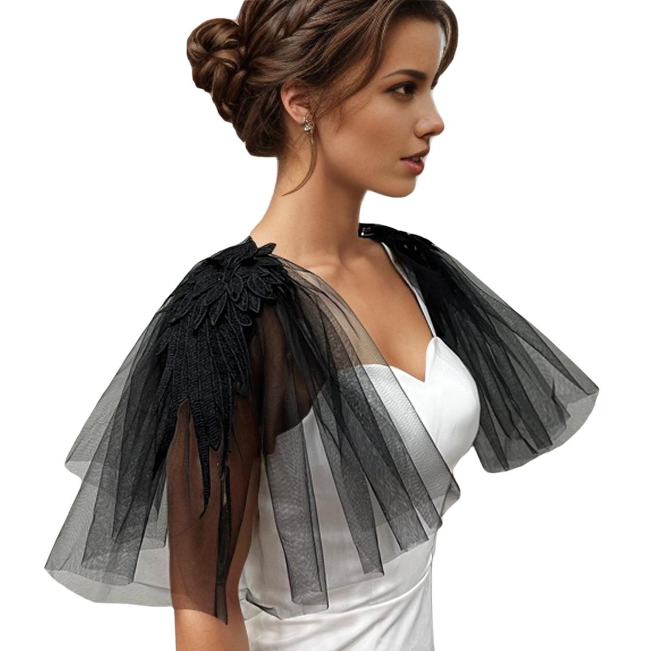 Women 3D Feather Embroidery Tulle Shrug Short Mesh Cape Wings Shoulder Wrap For Wedding Bridal Evening Dress Photoshoot Party Cos Multi Colors L чёрный