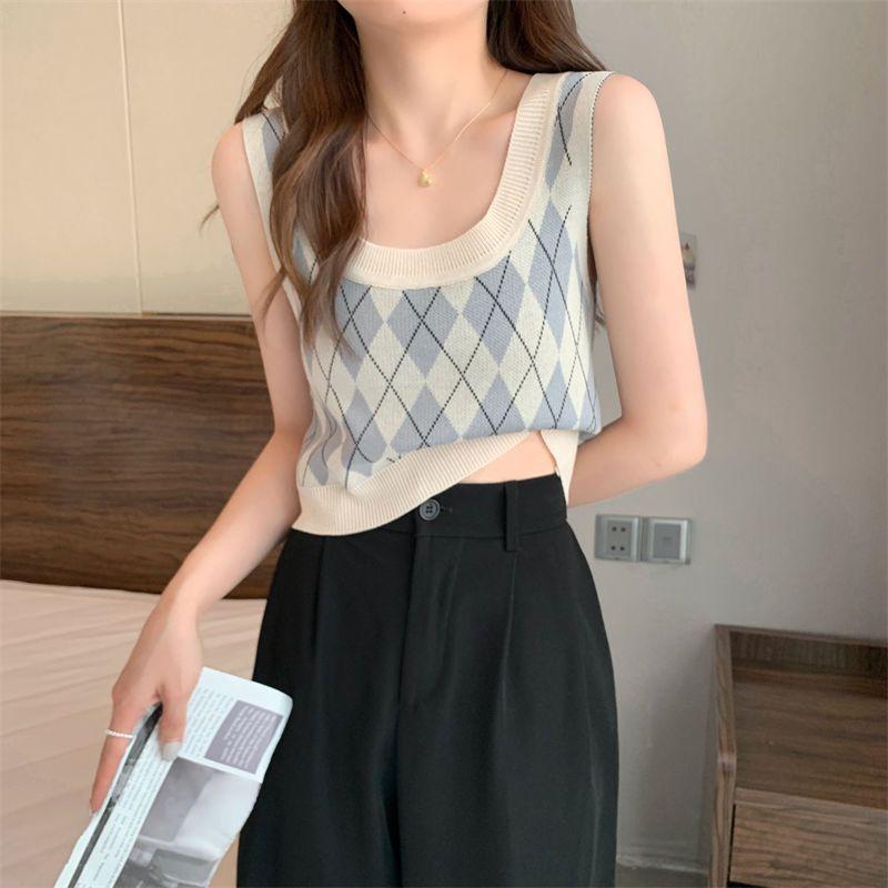 Summer Knitted Argyle Versatile Short Camisole Tank Women's Slim Outerwear Inner Top