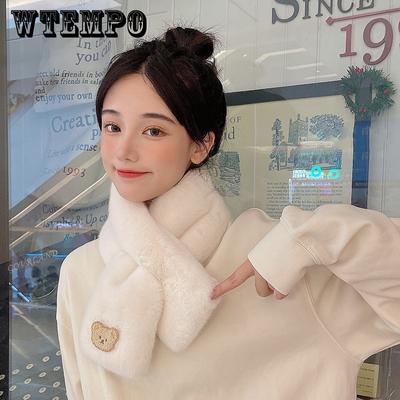 Imitação de Lontra Coelho Cabelo Cachecol Feminino Outono e Inverno Versão Coreana do Urso Bonito Engrossado Quente Estudantes Lenços de Lã Sólida