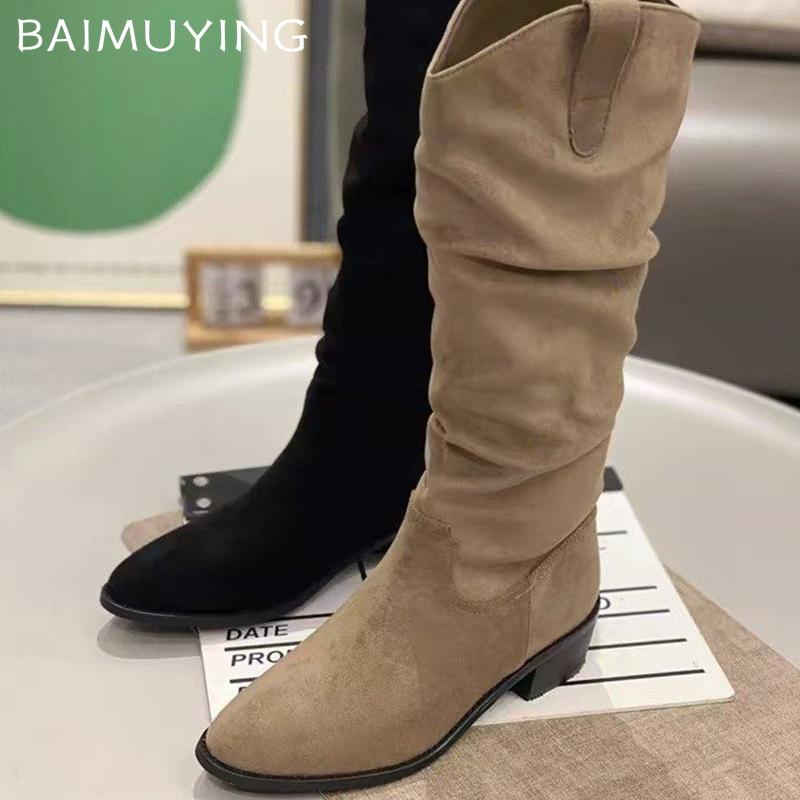 Pointed Toe Women High Boots Suede Winter Mid Heels Designer Shoes 2025 Trend Chunky Pumps Knee High Classic Chelsea Botas Mujer