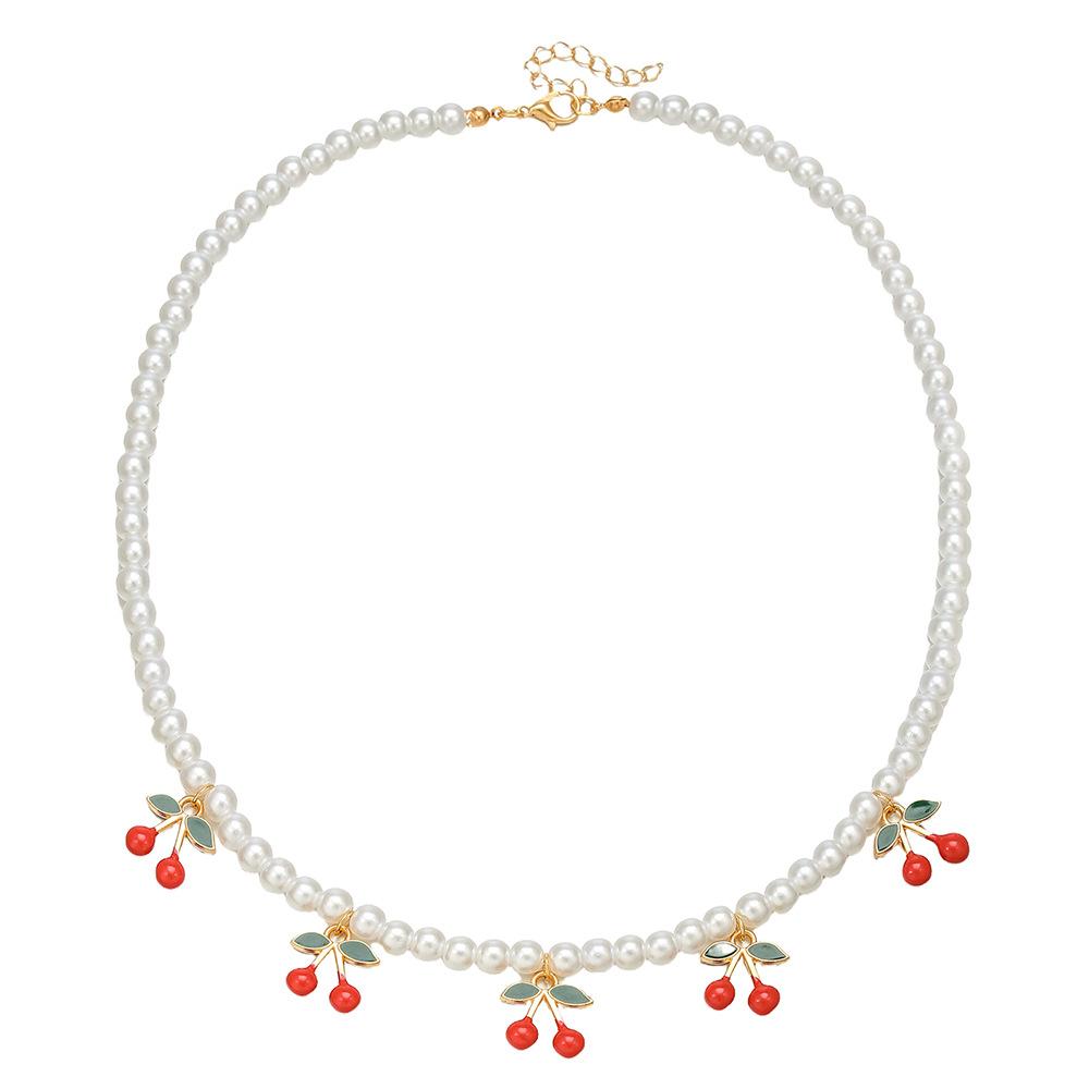 European and American Sweet Pearl Necklace Women, Versatile Cherry Pendant Collarbone Chain, Niche Simple Crystal Jewelry
