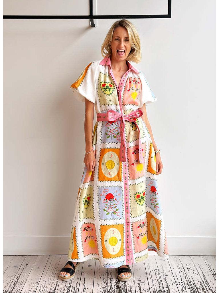 2026 Women s European & American Smiley Face Linen Tie-up Cardigan Dress 2X-Large