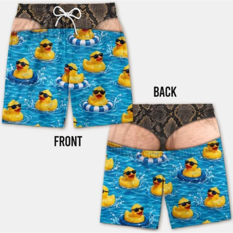 New Men's Fun Beach Shorts, 3D Simulated Leopard Print Thong Pants, Faux Two-piece Print, Beach Swim Trunks, Party Casual Shorts