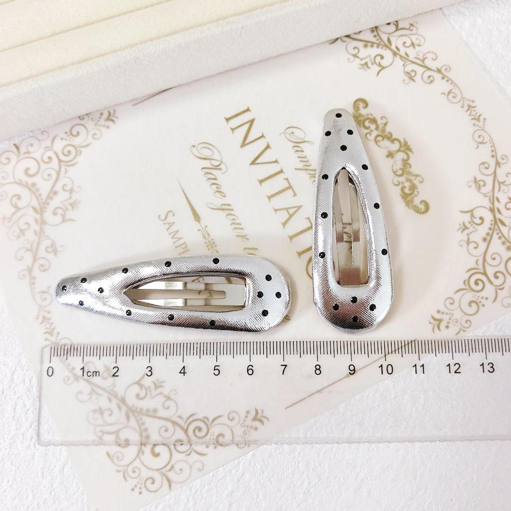 Silver Glossy Polka Dot Hair Clip Set: Triangle, Water Drop, Oval Snap Clips for Bangs