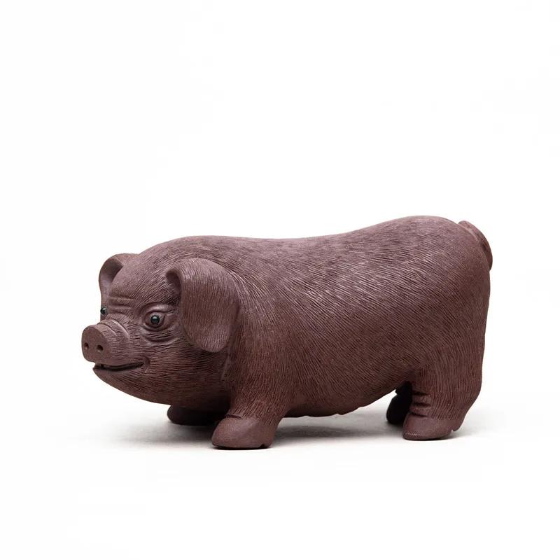 Pet da tè in argilla viola Yixing cinese Statuetta maialino carina Ornamenti Figurine da tè Scultura Decorazione Fatta a mano Decorazioni Set da tè cinese