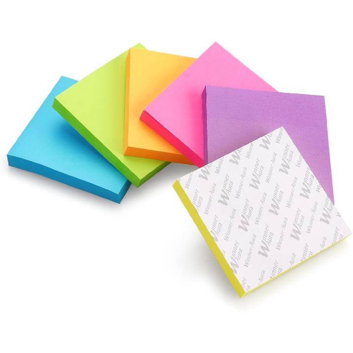 Winner Aura 3x3 Inch Bright Colors Self-Stick Sticky Notes, 6 Pack, 100 Sheets per Pad, Total 600 Sheets