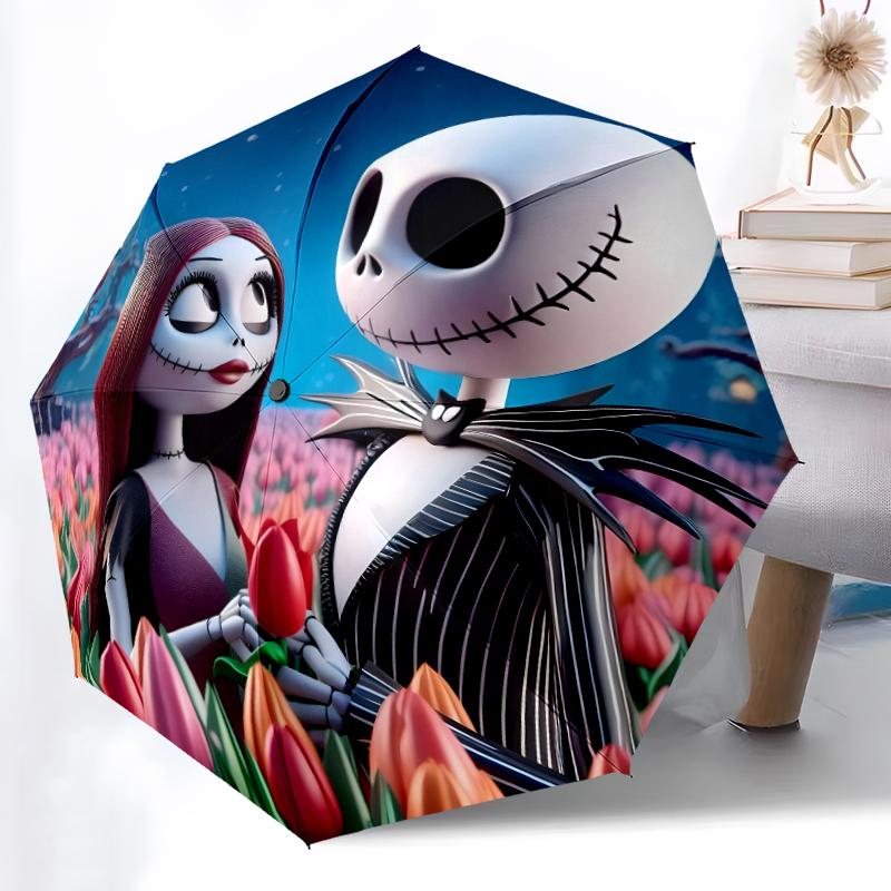 1pc Sturdy 8-Bone Auto Umbrella, Jack And Sally Nightmare Red Rose Floral Umbrella, Digital Printed, Foldable Umbrella for On-the-Go Outdoor Use