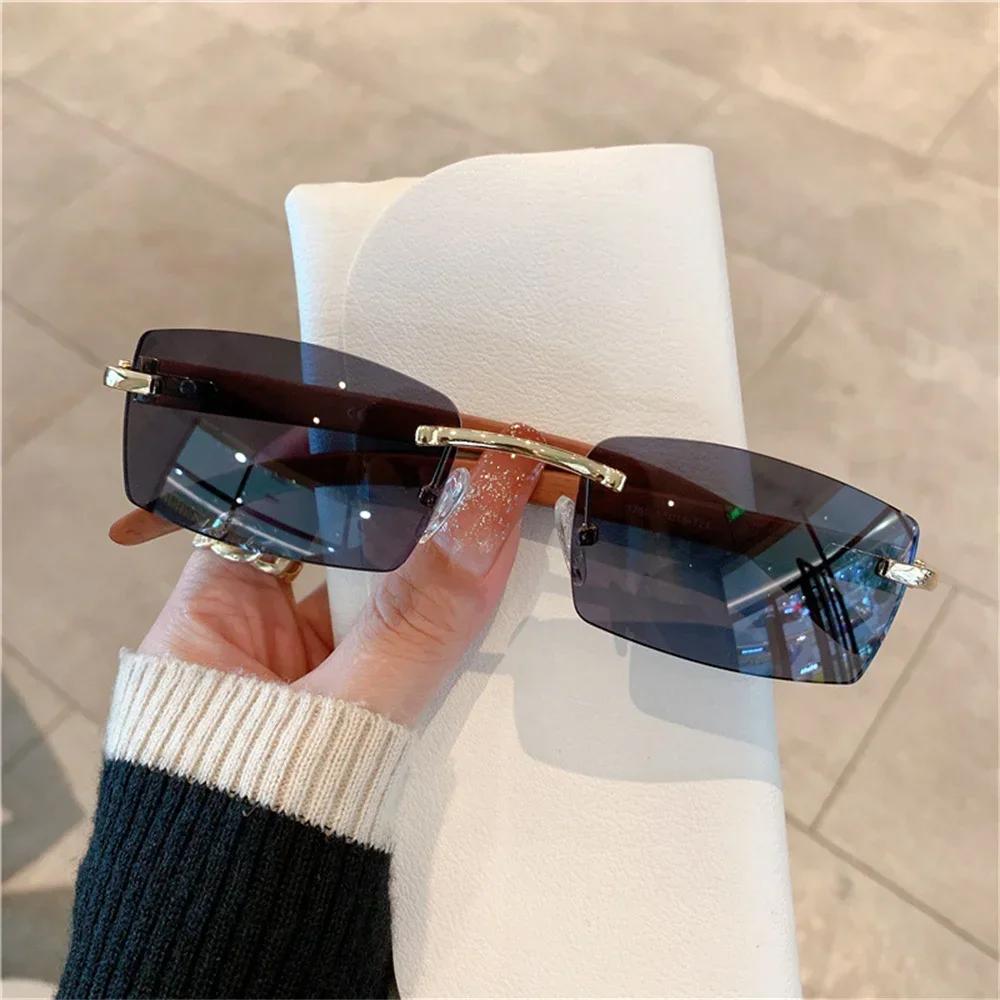 Prostokątne okulary przeciwsłoneczne bez oprawek dla kobiet mężczyzn Gangster 90s bezramowe odcienie Retro Vintage modne okulary z drewnianą ramką
